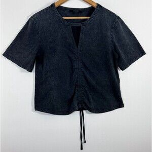 AllSaints Gigi Tee Womens Size 10 Black Washed Cotton Drawstring V Neck Top